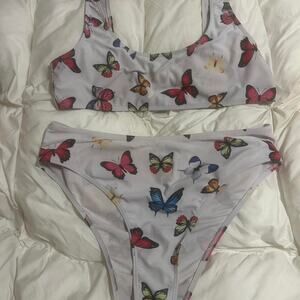 White and multi coloured butterfly bikini